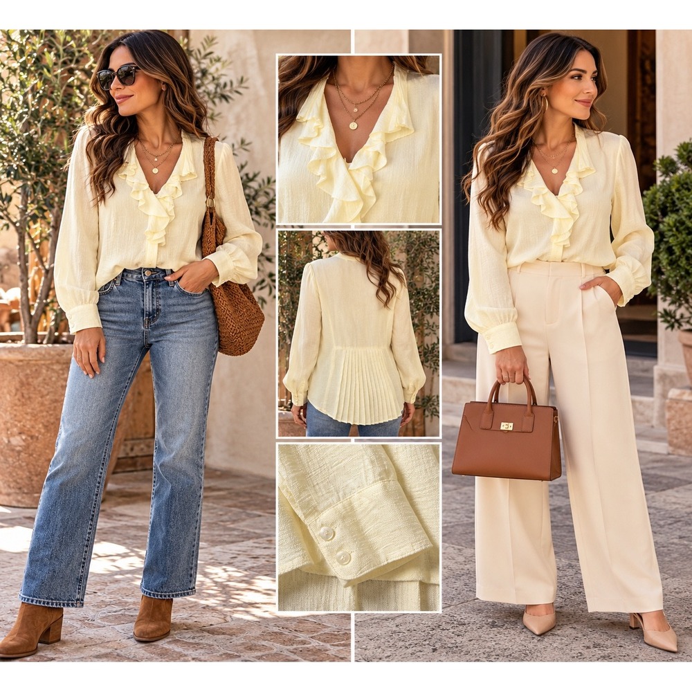 Coldwater Creek Pale Yellow Ruffle Neck Pleated Back Blouse Large